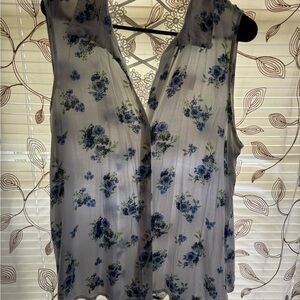 Floral Sleeveless Top - Blue and White